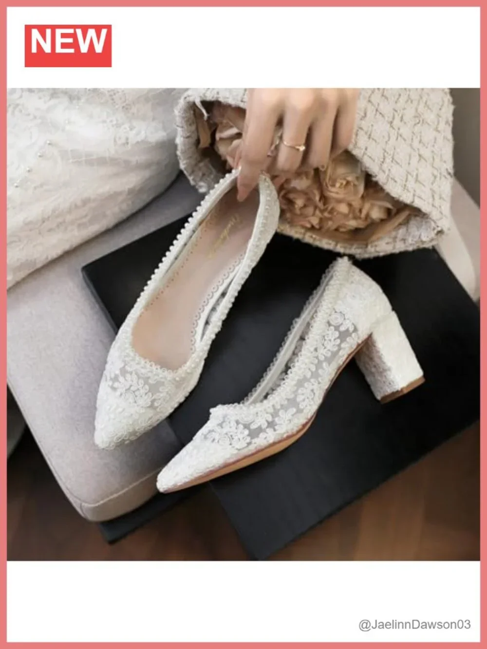 Women's Closed Toe Bridal Pumps, 2.56 Inch Block Heel, Lace Pearl Wedding
